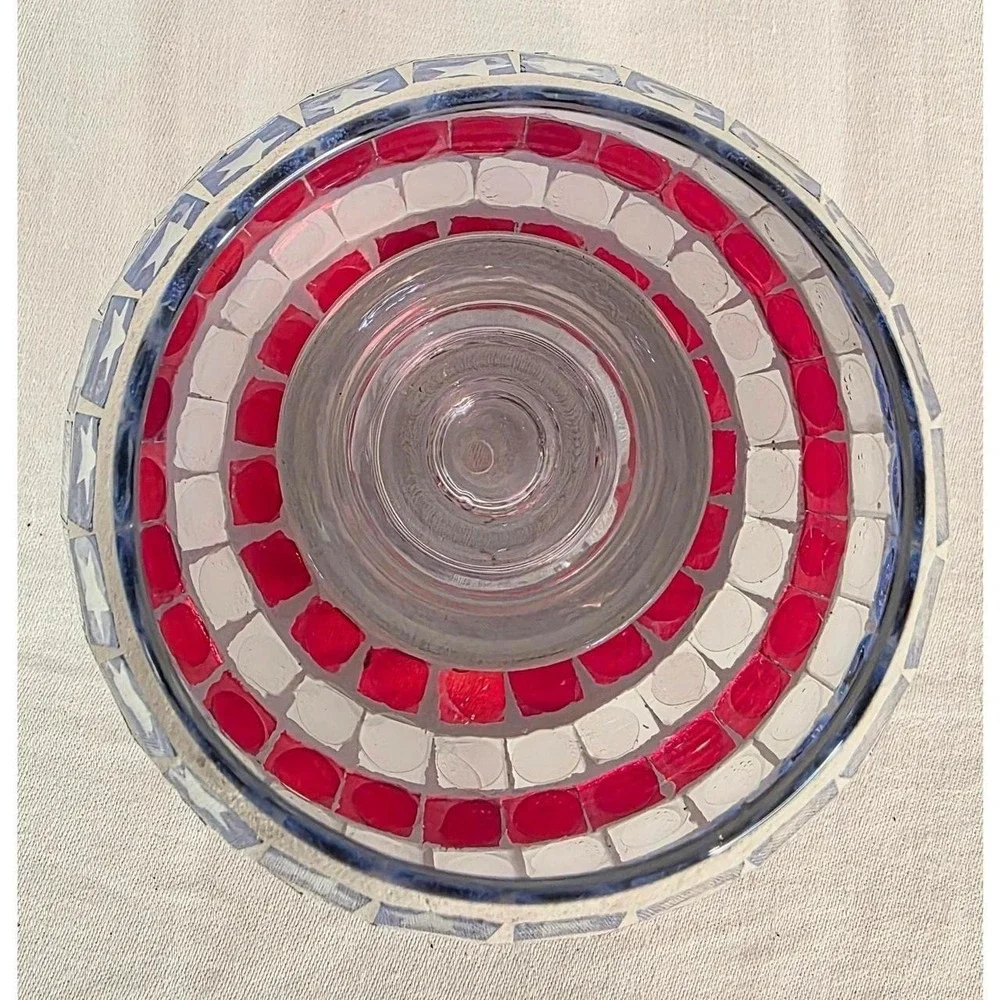 Red White Blue Patriotic Candle Holder Stars & Stripes Mosaic Glass Tile 3 1/2